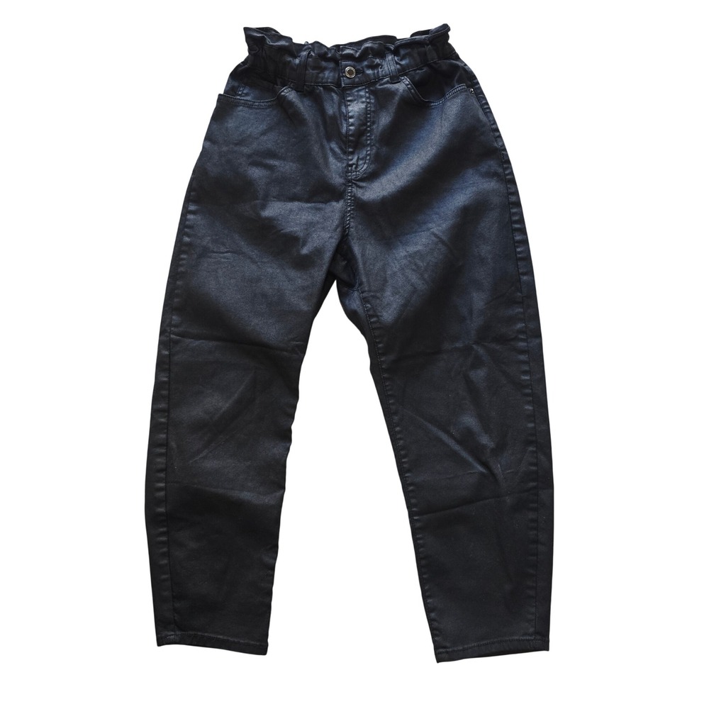 ZARA Black‎ High Waisted Paperbag Waist Wax Coated Pants Size US 8 - Picture 2 of 11